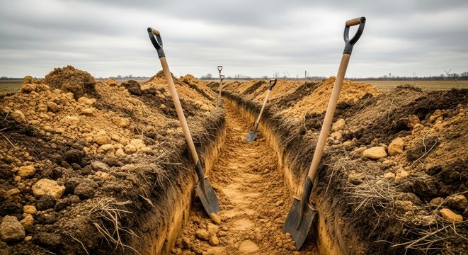 Digging a trench in the ground with shovels, prepared for construction or excavation work on a cloudy day
