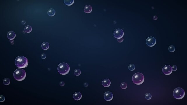 Floating soap bubbles on dark blue background, iridescent water spheres rising in air, magical glowing bubble animation for video overlays