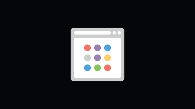 Animated Browser Window Icon with Grid Menu Dots and Mouse Click for App Drawer, Color Swatches, and Category Grid