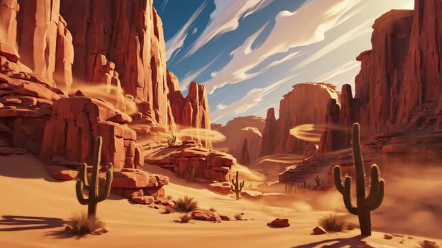Stylized digital illustration of a majestic desert canyon landscape with cacti, sand dunes, and swirling dust devils under a dynamic sky