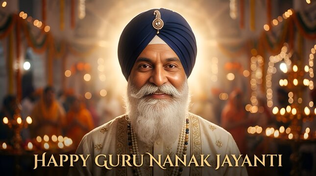 Sikh Man in Turban, Guru Nanak Jayanti Celebration, Festive Lights, Devotion