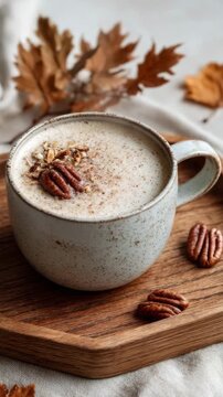 Autumn latte with pecans served in rustic ceramic cup on wooden tray. Latte with maple syrup and pecan garnish in a ceramic cup on a wooden tray. autumn leaves scattered around