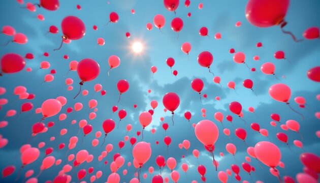 A large number of pink balloons are released into the sky, creating a vibrant display against the blue background