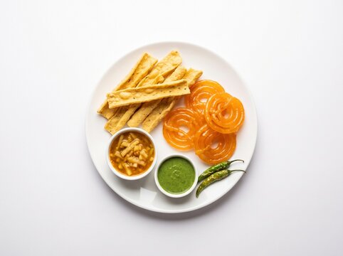 Top View Flat Lay of Traditional Gujarati Jalebi Fafda with Chutney on White Background