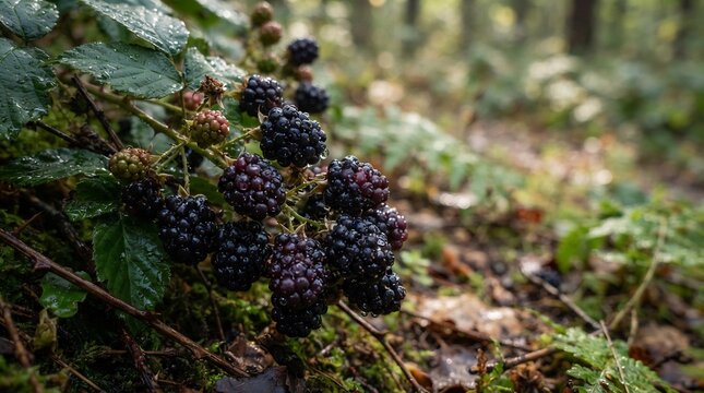 森の中で鮮やかに実る黒いちごのクローズアップ写真 穏やかな光