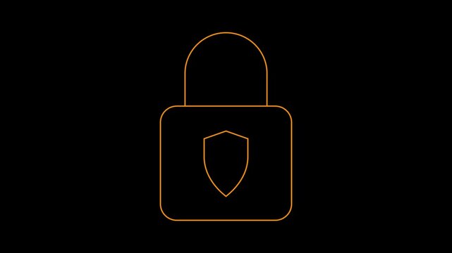 Orange glowing neon padlock security icon on black background lock protection