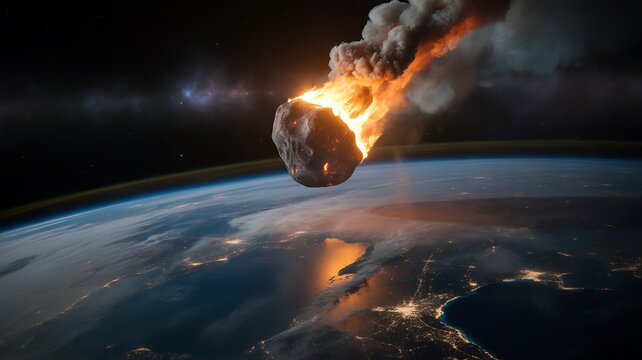 Burning asteroid approaching earth in space representing global disaster concept