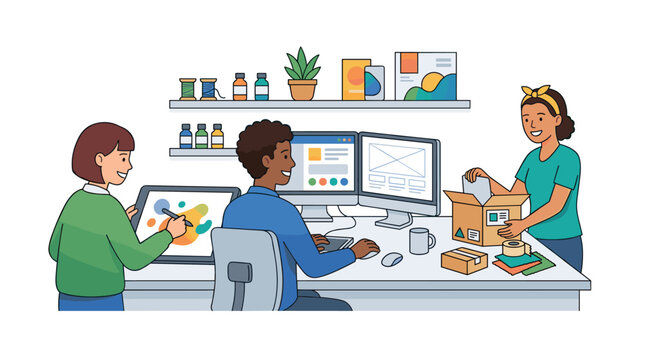 Diverse creative team working in a modern studio; graphic designer using drawing tablet, web developer at dual monitor workstation, and logistics manager packing shipping boxes.