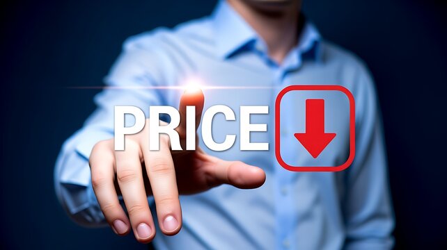 Price Drop Concept with Businessman Touching Digital Interface and Red Downward Arrow