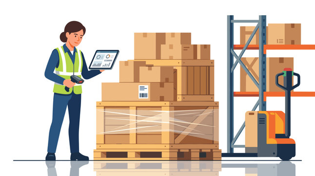 Female warehouse worker scanning inventory on a wooden pallet with a digital tablet and barcode reader in a logistics distribution center featuring metal shelves and a pallet jack.