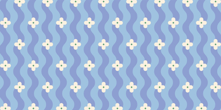 Seamless floral pattern with simple white flowers and wavy blue lines in retro groovy style