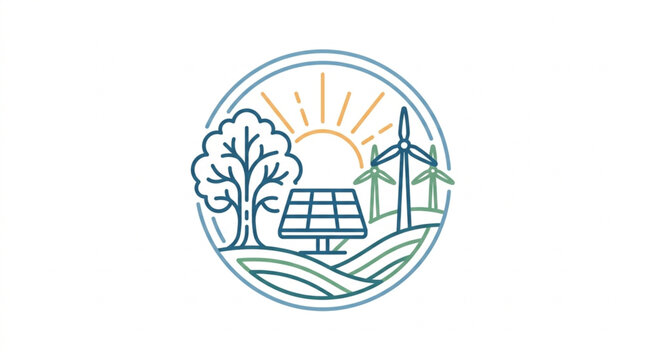 Renewable energy illustration with solar panels and wind turbines.