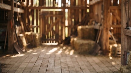 Fototapeta premium 木造小屋の室内 干し草 bales が積まれ 太陽光が差し込む