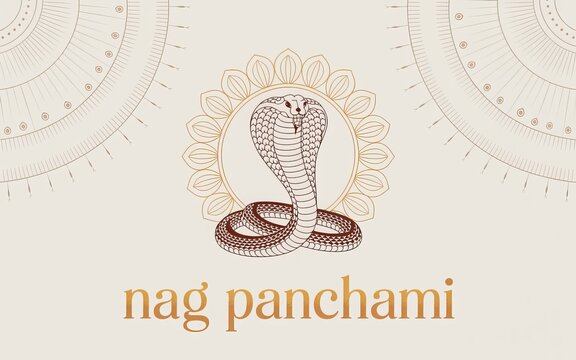 Minimal Nag Panchami sacred cobra line art illustration with mandala background traditional Hindu festival vector design for celebration artwork