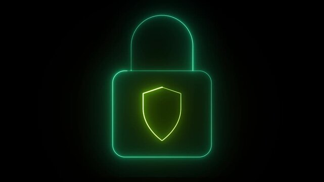 Neon green padlock symbol with glowing shield icon for cybersecurity concept