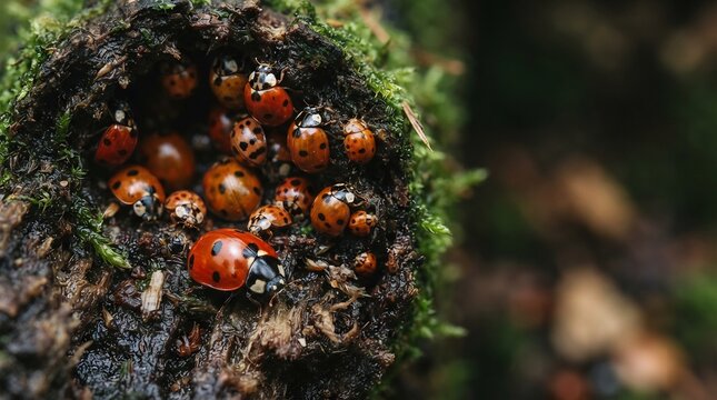 木の洞穴に群がるテントウムシのクローズアップ撮影