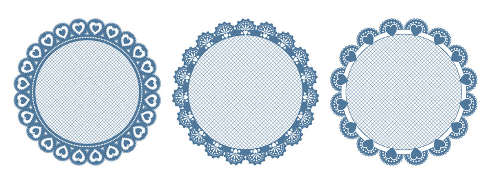 Blue lace doily frame set. Round, oval mesh-filled circles with heart, floral, scallop outer borders. Grid net texture. For card, invitation, label, badge, wedding. Vector decorative elements.