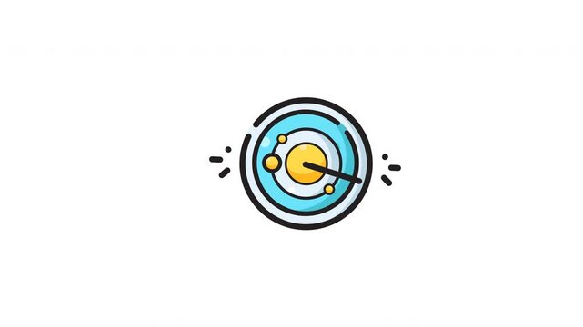 Yellow sun with blue orbits and small planets in a celestial graphic style icon design. 