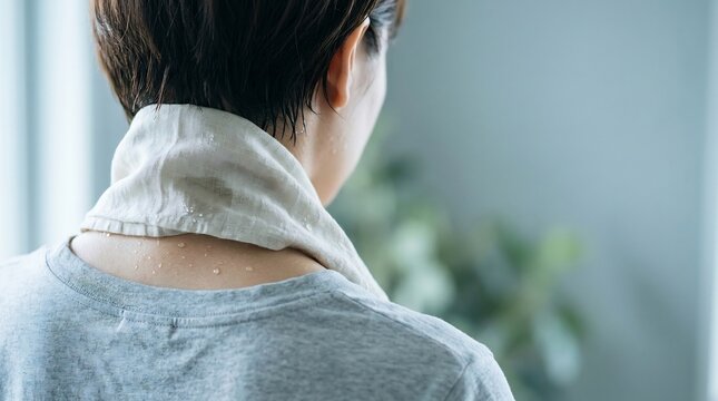 Woman with light gray cloth draped over her neck, calm and serene indoor setting