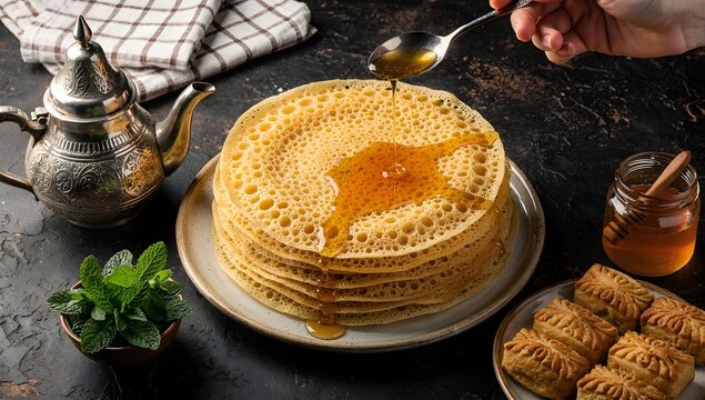 Homemade Moroccan msemen pancakes stacked high on plate. Fluffy North African flatbread served fresh for breakfast or brunch.