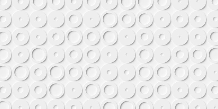 Modern minimal white background grid or array of circles with random thickness, polygon pattern background wallpaper banner, flat lay