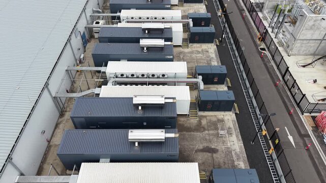 Aerial view of data center cooling and backup power systems