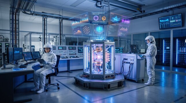 Scientists in cleanroom suits working on quantum computer processor, advanced data center technology, artificial intelligence research laboratory, high-tech engineering facility...