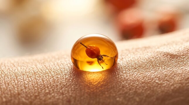 Close-up of a glowing amber drop of rosehip oil on human skin with soft bokeh background