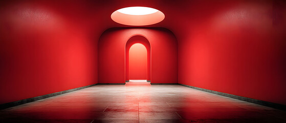 Obraz premium Minimalist Red Corridor with Arched Doorway and Skylight for Modern Architecture Design
