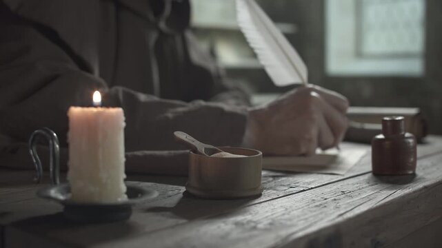 Simple ink sander container with a wooden scoop on a rough table next to a burning candle, against a blurred background of a monk writing a medieval manuscript with a long quill pen