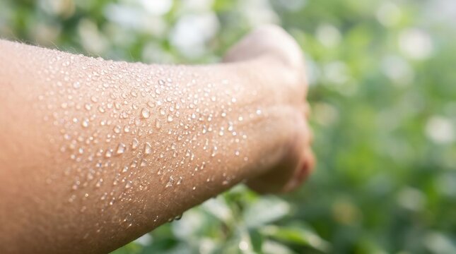 Close up of a human forearm with fresh morning dew droplets in a lush green forest