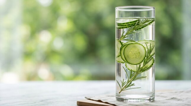 Refreshing glass of cucumber and rosemary infused water on wooden table with blurred garden background
