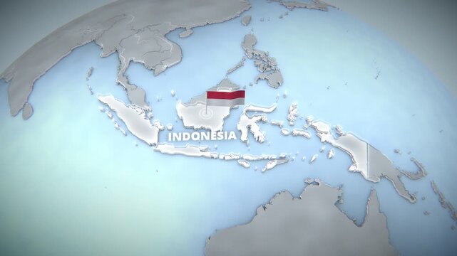 3D globe animation of Indonesia, Southeast Asia, featuring a silver landmass, white boundary highlight, and national flag, perfect for a broadcast documentary or presentation backdrop.
