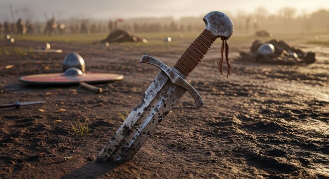 Medieval battle aftermath: Rusty sword stuck in the ground amidst fallen warriors and armor on a desolate battlefield at sunset.