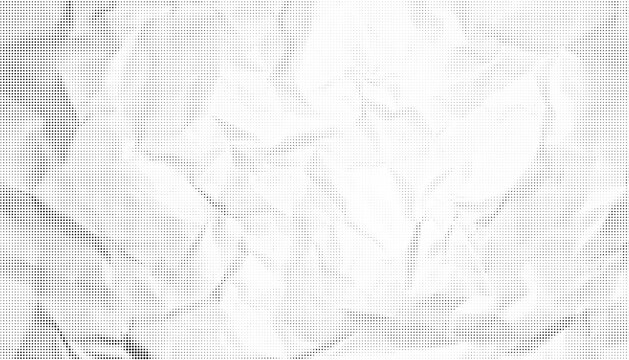 Halftone crumpled paper texture with black a dotted, rough, and wrinkled surface. Wite creased sheet background in comic pop-art style, featuring grainy folds and gritty distressed details.