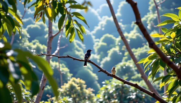 The image depicts a peaceful scene in a lush forest with sunlight filtering through dense, vibrant green foliage