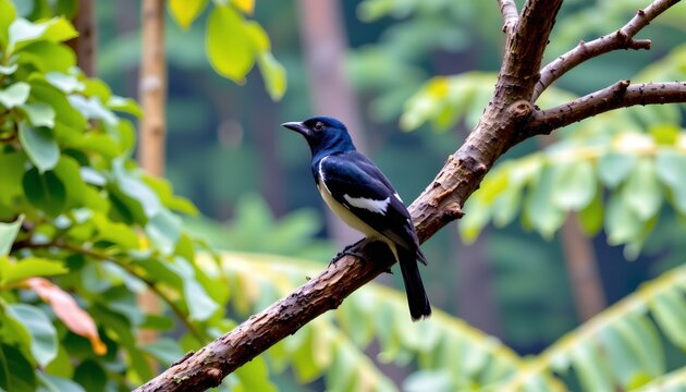 A black and white bird is perched on a diagonal tree branch amidst lush green foliage. The bird has a glossy black head, back, and tail, with a contrasting white belly and white markings on its wings