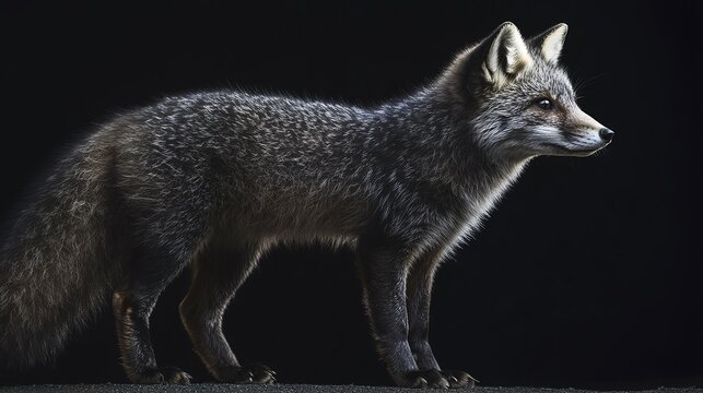 Majestic silver fox with dark fur standing against black background
