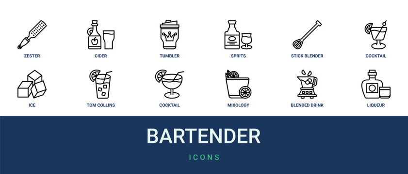 Set of 12 outline web Bartender icons such as liqueur, blended drink, mixology, cocktail, tom collins, ice, cocktail vector icons for report, presentation, diagram, web design, mobile app