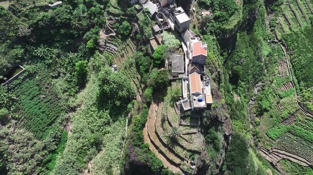 Birds Eye Aerial View of Fontainhas Village, Picturesque Houses on Cliffs of Santo Antao Island, Cape Verde, Drone Shot