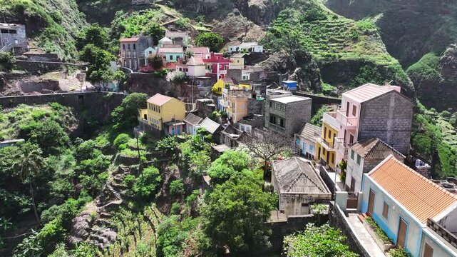 Drone Shot of Cape Verde Village, Colorful Houses on Hills of Santo Antao Island