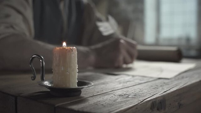 Close up of a burning candle on a wooden table, artist hands warming over the flame next to an ornithopter drawing inside a medieval workshop
