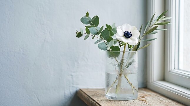 Elegant white anemone flowers with eucalyptus in a glass vase on a wooden windowsill