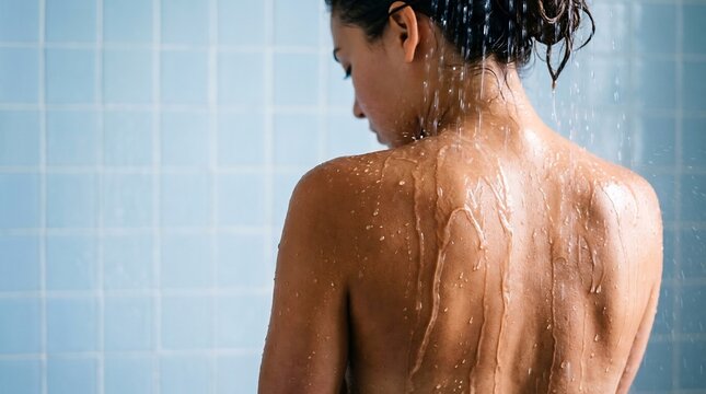 Woman showering with water droplets cascading down her back in a tiled bathroom