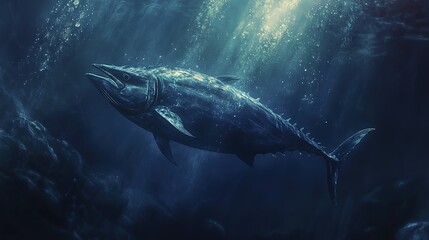 Fototapeta premium Majestic tuna swimming in dark ocean depths with ray of light