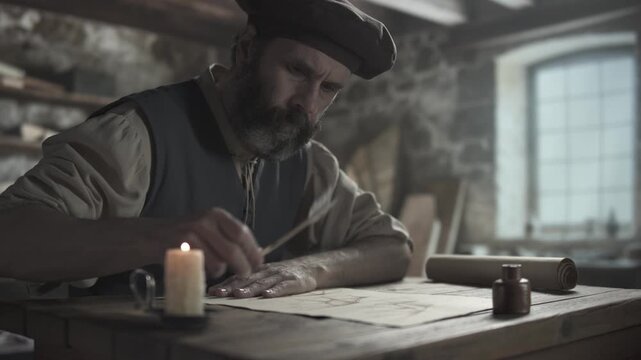 Medieval master warming a hand over a burning candle flame after drawing a flying machine sketch, sitting at a rustic wooden table inside a dimly lit workshop with stone walls