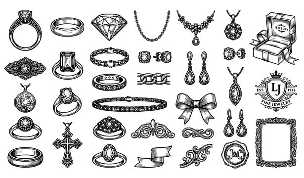 Vintage Jewelry Engraving Collection Editable Engagement Ring and Necklace Vector Set