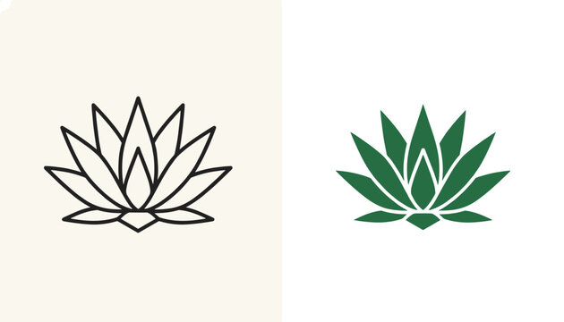 Lotus flower vector icon template presented in elegant black outline and solid green organic color variations.