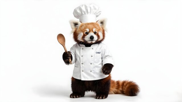 Full body realistic red panda dressed as a chef with chef hat and apron, isolated on a white studio background with detailed fur.