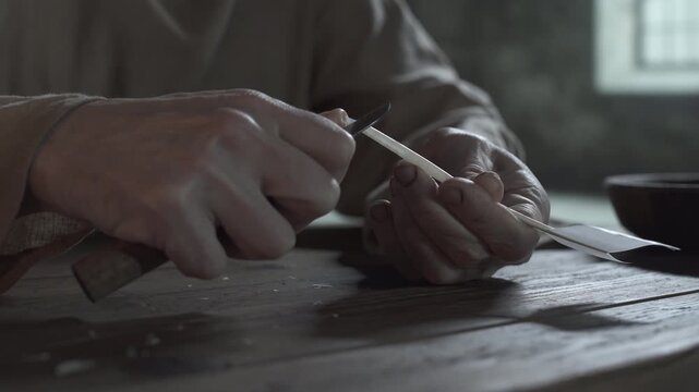 Hands of a medieval prisoner sharpening a goose quill with a penknife on a rustic wooden table inside a dark dungeon